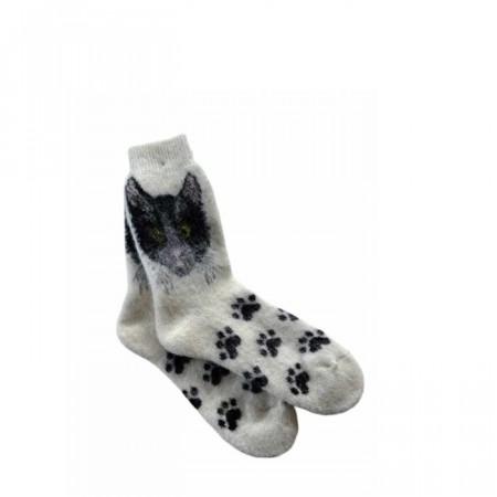 Ullsokker str. 37–39 kattemotiv, hvit og svart